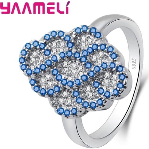 100% 925 Sterling Silver Blue White Cubic Zirconia Austrian Crystal Finger Rings For Women Female Noble Jewelry Anel