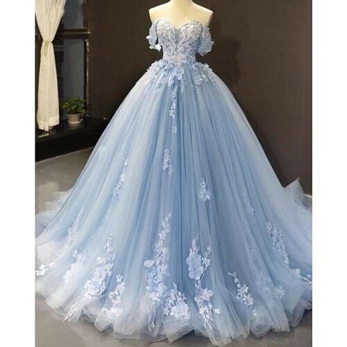 Sky Blue Sweetheart Evening Dresses 2021 New Elegant Off The Shoulder Appliques Formal Long Prom Gowns Vestidos De Feast