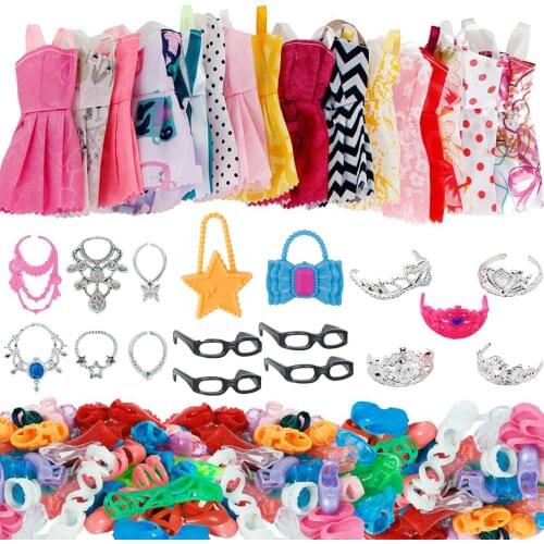 37/Set Doll Accessories =10 Pcs Doll Clothes Dress + 4 Glasses + 6 Necklace + 2 Bags + 5 Crowns +10 Pairs Shoes for Barbie Doll