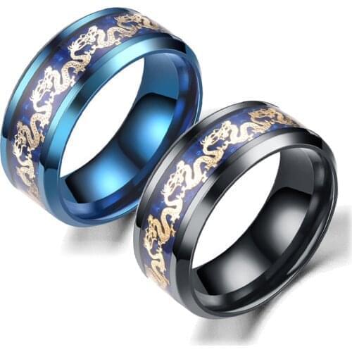 8mm Mens Blue Black Titanium Steel Dragon Ring Vintage Punk Chinese Dragon Carbon Fiber Ring Men Wedding Band Amulet Jewelry