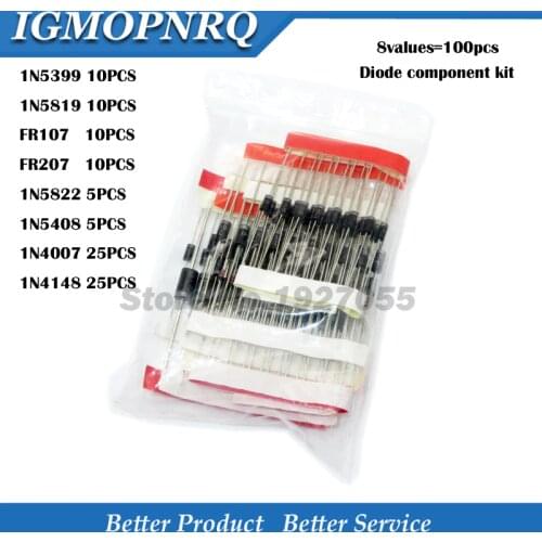 8values=100pcs 1N5399 1N5408 1N4148 1N4007 1N5819 1N5822 FR107 FR207 Switching Diode component DIY kit