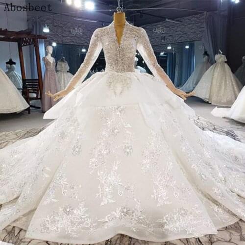White Wedding Dress Plus Size Long Sleeve Wedding Gown 2021 with Cathedral Train Ball Gown Bridal Dress Embroidery Lace Beading