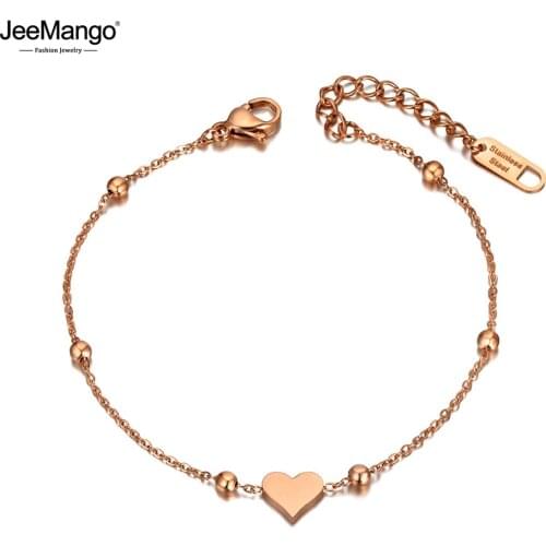 JeeMango Stainless Steel Heart Charm Bracelets For Women Girls Cute/Romantic Rose Gold Chain Link Bracelet Jewelry JB20069
