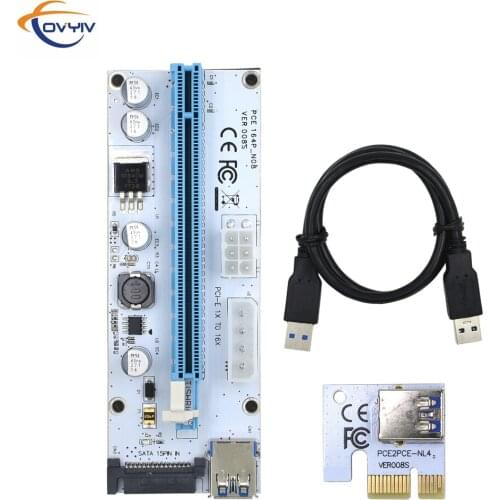 COVYIV GPU PCIE PCI-E Riser 008S card PCI E X16 PCI Express 3in1 Molex 6Pin to SATA 1X 16X USB3.0 Extender LED Mining In Stock