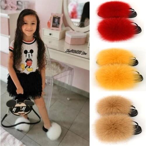 Kids Heel Strap Cute Plush Slippers Childrens Fluffy Fox Fur Slides Baby Fashion Soft Flat Sandals Girls Furry Toddler Shoes
