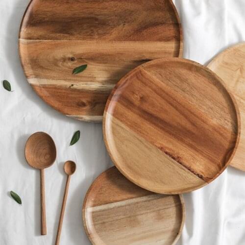 Natural Life Wooden Plates Round Solid Wood Pan Fruit Bread Dessert Cake Dishes Saucer Tea Tray Dinner Plate Tableware Set Gift