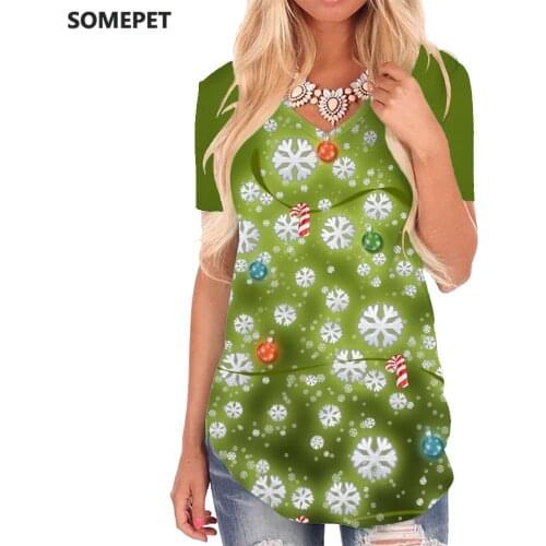 SOMEPET Christmas T-shirt women Snowflake Funny T shirts Trees V-neck Tshirt Party T-shirts 3d Womens Clothing Summer Cool New