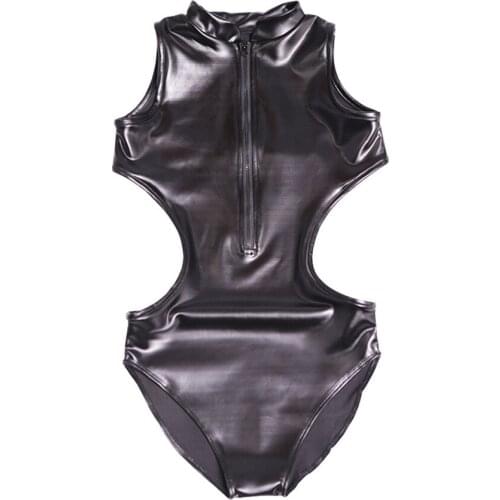 Appeal Clothing Sukumizu Hollow Out Backless Faux Latex PU Leather Bodysuit Bathing Suit Women Body Bust Zipper Open Jumpsuits