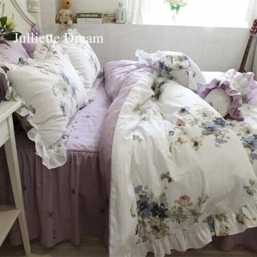 Hot Purple flower Printed bedding set Garden ruffle duvet cover set bed sheet bed clothes king size bedding set bed comforter