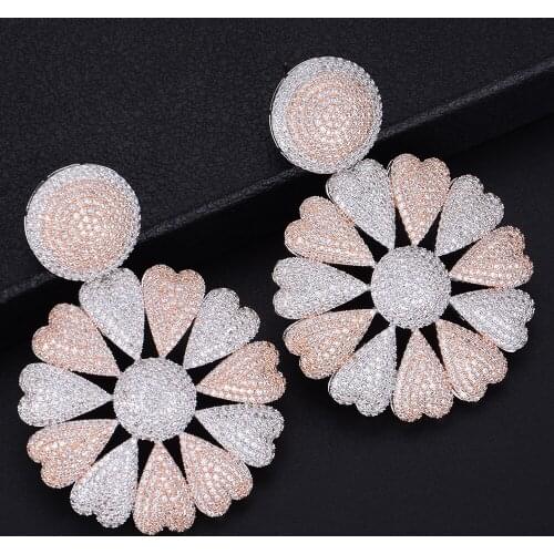 Blachette Lovely Round Pierced Flower Pendant Heart Cubic Zirconia Dangle Drop Earrings For Women Girls Wedding Party Jewelry