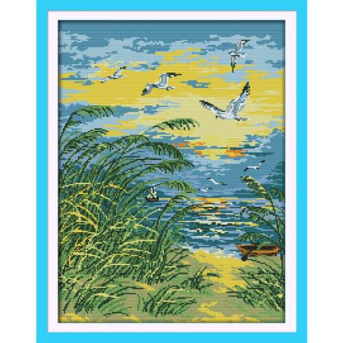 The seaside sunset cross stitch kit cartoon bird count print stamped 14ct 11ct hand embroidery DIY handmade needlework tool set