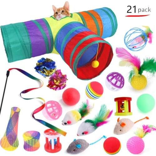 21Pcs Cat Toys Set Indoor Outdoor Interactive Kitten Toy Assortments Cat Tunnel Balls Bell Feather Teaser Wand Mice Toys 2021