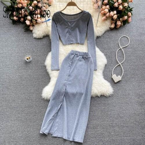 Autumn Two Piece Set Women Long Sleeve Slim Crop Tops And High Waist Midi Long Skirt Casual 2 Piece Sets Outfits Female Clothing