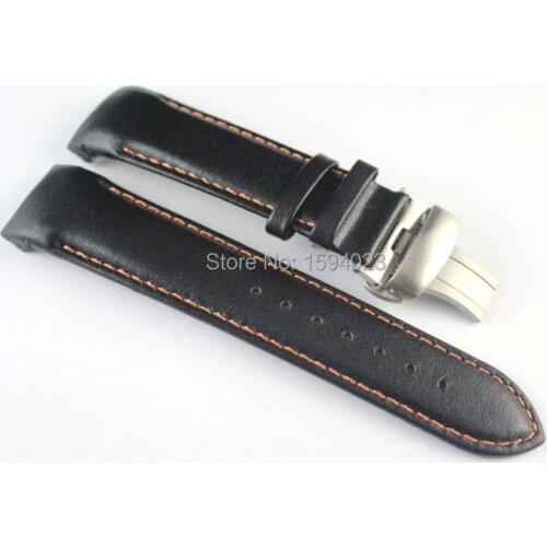22mm T035407A T035410 High Quality Silver Butterfly Buckle Orange Stitched Black Smooth Genuine Leather Watchband For T035 Strap