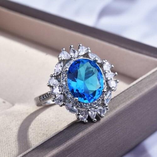 QTT Luxury Geniune 925 Sterling Silver Engagement Rings Blue Oval Stone Cubic Zirconia Jewelry Wedding Accessories For Bridal