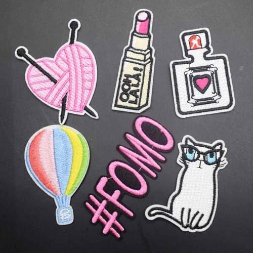 Pink Colourful Airballoon FOMO Lipstick Heart Cat Iron On Embroidered Clothes Patches For Clothing Stickers Garment Wholesale