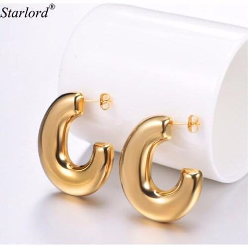 Chunky Hoops Earrings Gold Round Circle Geometric Earrings Silver/Black Stainless Steel Minimalist C Hoop Earrings GE3358