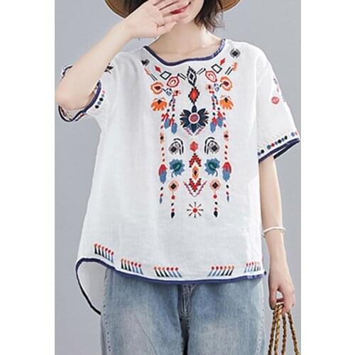 T-shirt Embroidered Loose National Style Ladies Short Sleeve Oversize Blouse for Going Out