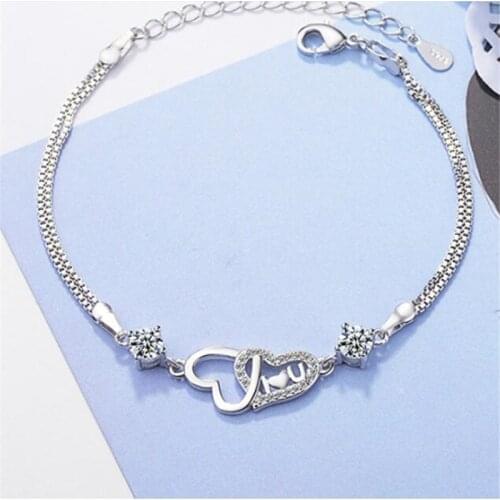 925 Sterling Silver Double Layer Box Chain Crystal Heart Charm Bracelet &Bangle For Women Elegant Wedding Jewelry sl081
