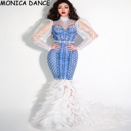 Nightclub Sexy Stage Sparkly Rhinestone Pearl Feather Tail Long Dress Women Birthday Celebrate Dress Prom Party Dance Dress