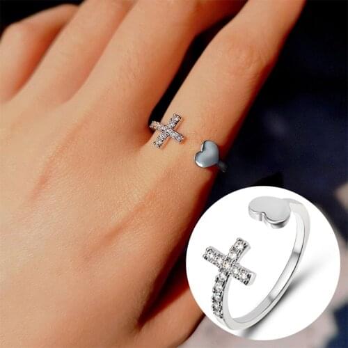Classic Silver Color Rhinestone Cross Ring Open Cuff Love Heart Adjustable Rings For Women Girls Party Valentines Gifts