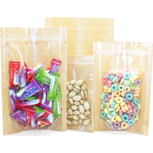 1000Pcs Stand Up Brown Kraft Paper Clear Plastic Self Sealing Zip Lock Package Bag Recyclable Zipper Beans Snacks Storage Bag