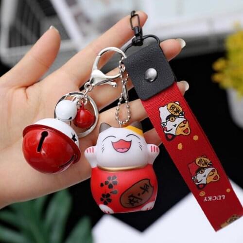 2021 10pcs Fortune Cat Keyring Lucky Beckoning Cat Bell Keychain Cartoon Animal Key Ring Car Hanging Jewelry Women Gift