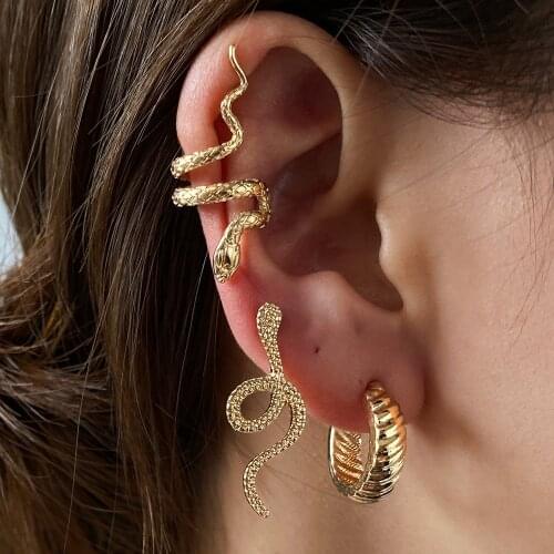 3PC Brass Snake Earing Clips Without Piercing Punk Non Pierced Clip Earrings Ear Cuffs for Women Men Black Fake Piercing Jewelry