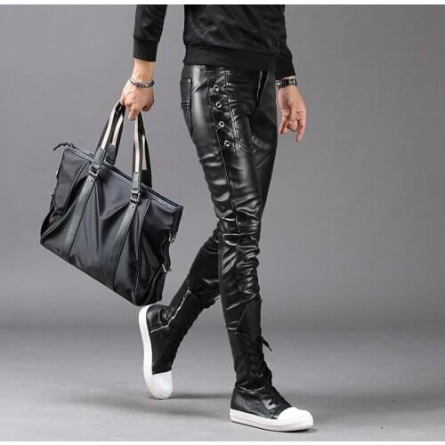 Hot 2020 New Arrival Men Korean Gothic Punk Fashion Faux Leather Pants Pu Hip Hop Applique Black Leather Trousers Male 28-36