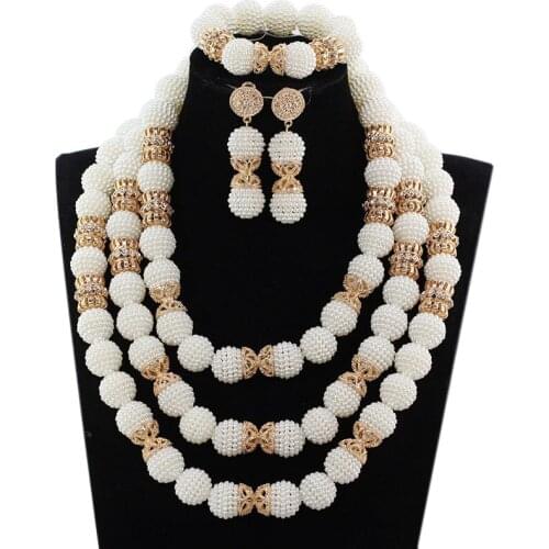 Fashion White Plastic Beads Costume Jewelry Sets Dubai Gold Accessory Balls African Jewelry Sets for Brides Free Shipping WE156