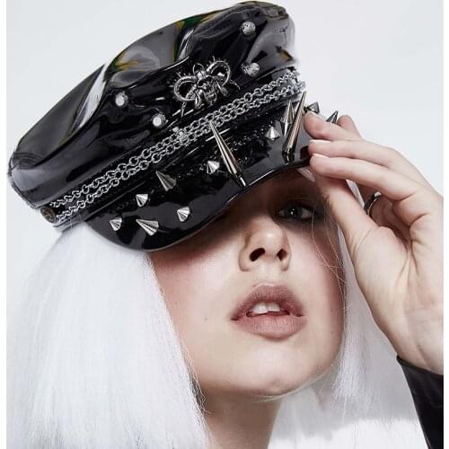 Devil Fashion Steampunk Rivet Leather French Black Beret Hat Rock Style for Women