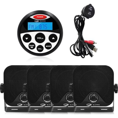 Marine Radio Audio Boat Stereo Bluetooth Media Receiver FM AM Car MP3 Player+USB Audio Cable+2Pairs 4 inch Marine Speakers Black