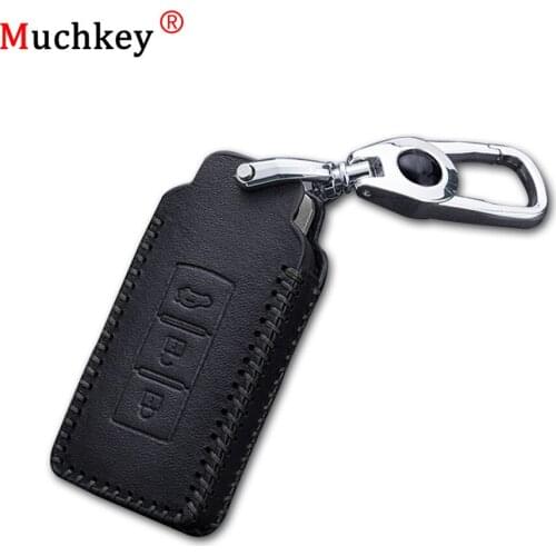 Muchkey Leather Remote Case Car Key Bag Cover For Mitsubishi 3 Buttons Folding Key Luxury Genuine Hand Sew Black Line