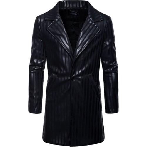 Europe/US size Leather Jacket Men British Style Single Button Long Suit Leather Jacket Autumn Stripe Male Leather Jackets Coats