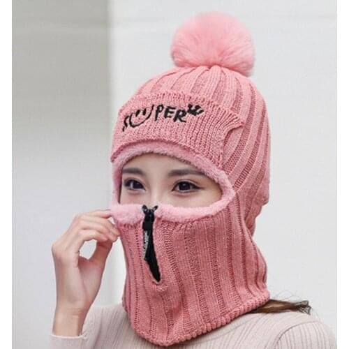 SILOQIN New Winter Womens Plus Velvet Thermal Beanies Hat Warm Knitted Woolen Hat Ski Hat Neck Guard One-piece Hat Earmuffs Cap