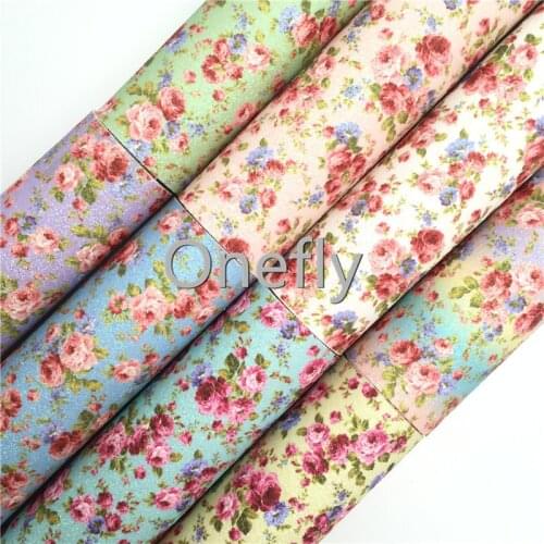 Onefly Rose Flowers Printed on Fine Glitter fabrich with Soft Felt Backing Leather Sheets For Bow DIY handbags shoes FZ014