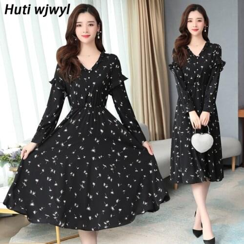 Autumn Winter Vintage Chiffon Midi Dress 2021 Korean Plus Size Black Boho Dresses Elegant Women Party Long Sleeve Casual Vestido