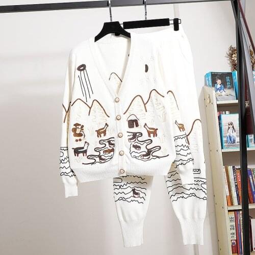 Autumn Fashion Black White Gray Knit Outfits Female Embroidery Cardigan Sweater Pencil Pants Tracksuits Female Loose Knitted Set