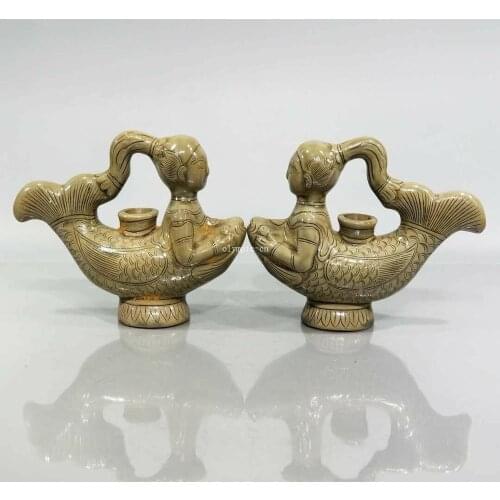 Pair chinese song dynasty porcelain mermaid sea-maid cup bottle teapot jar pot