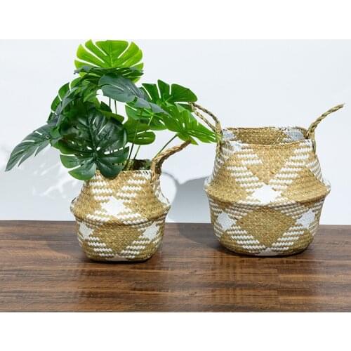 Wicker Basket Foldable Seagrass Storage Belly Contianer Home Decorative Retro Laundry Clothes Toys Fruit Sundries Plant Basket