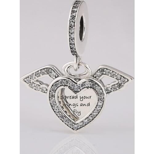 S925 Pendant Bead DIY Jewelry Angel Wing Dangle Heart Charm fit Lady Bracelet Bangle Clear CZ