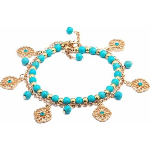 Blue Crystal Flwoer Blue Crack Figures Beads Pendant Golden Vintage Bohemia Bracelets for Women