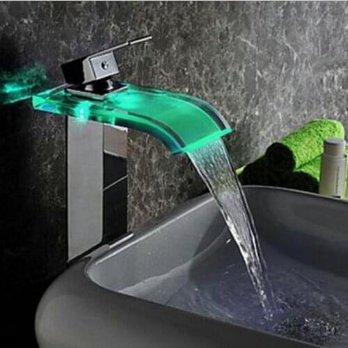 Uythner Modern LED Color Changing Glass Waterfall Spout Bathroom Basin Faucet Vanity Mixer Tap Chrome