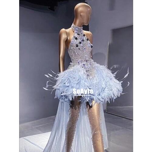 SoAyle Sky Blue Evening Dress Ball Gown Elegant Feather Mini Halter Neck Luxurious Beading Crystal Evening Cocktail Party Dress