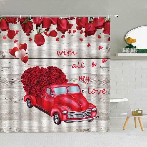 Red Rose Car Love Shower Curtain Vintage Old Wood Stripe Texture Backdrop Bathroom Decor Girl Romantic Gift Waterproof Curtains