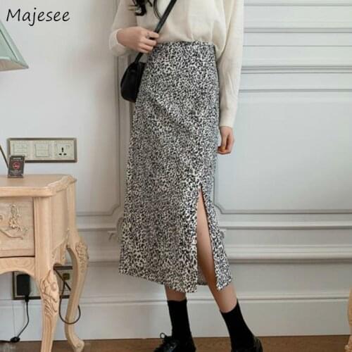 Leopard Skirts Women Side-split High Waist Vintage Elegant Lady Streetwear Fashion Korean Style Female Leisure Chic New Spring