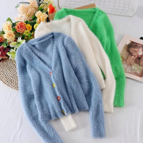 2020 autumn winter new Chic female deep V-neck Mohair knitted bottom blouses womens solid color single buttons waist sweater