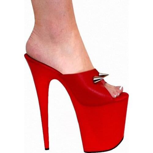 Gothic Rivet Sexy Red Leather Baking Paint Slippers Nightclub Pole Dance 8 Inches High Heeled Shoes Thick Platform 20CM Big Size