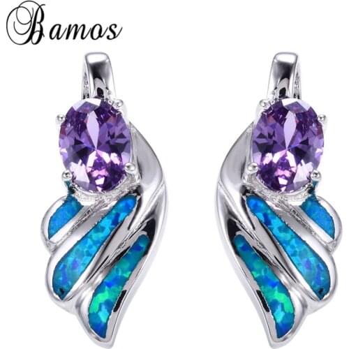 Bamos Unique Feather Blue Fire Opal Earrings For Women White Gold Filled Wedding Party Earring Brincos Birthday Gift Ear0640