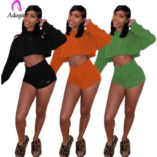 Distressed Women 2 Piece Set Hole Long Sleeve Crop Top + Biker Shorts Matching Set Fitness Solid 2021 Autumn Workout Tracksuits